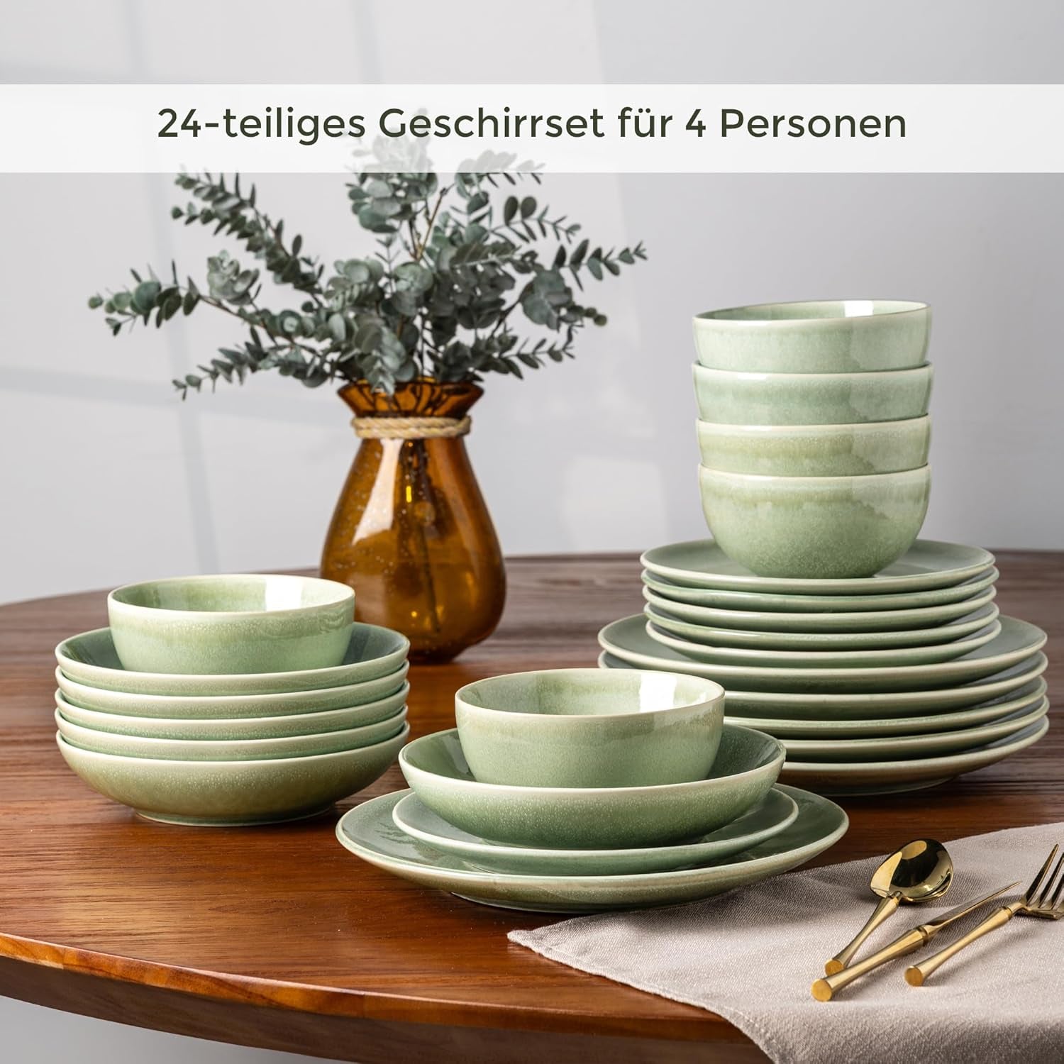 GBHOME Service de table en céramique pour 6 personnes, 24 assiettes et bols peints à la main, grès résistant aux rayures, passe au lave-vaisselle et au micro-ondes