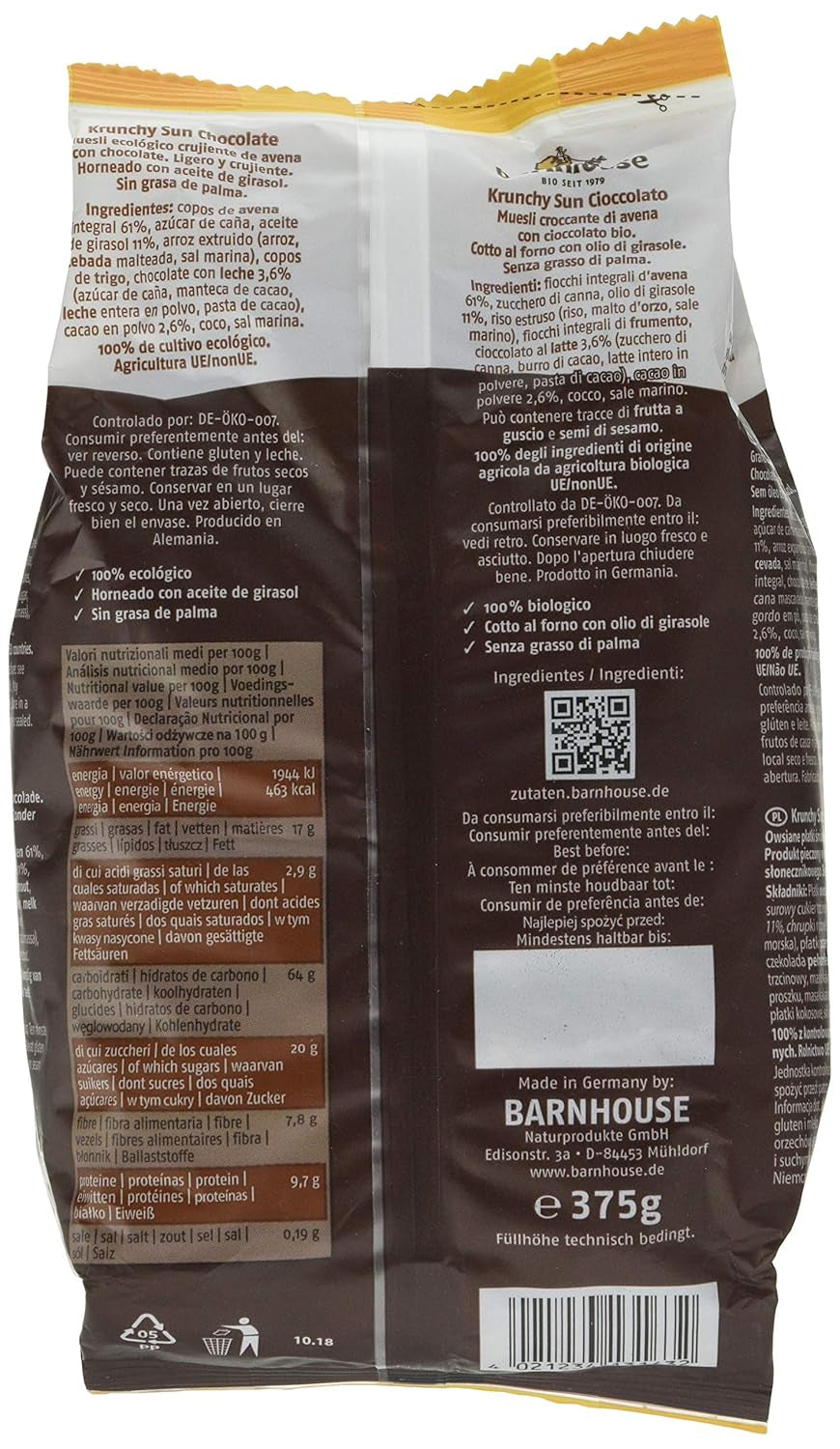 Barnhouse Krunchy Soleil | Muesli au chocolat | Écologique | Végétarien, 375 grammes