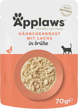 Applaws Nourriture humide pour chats 100 % naturelle, poitrine de poulet avec saumon en bouillon - Paquet de 12 sachets de 70 g