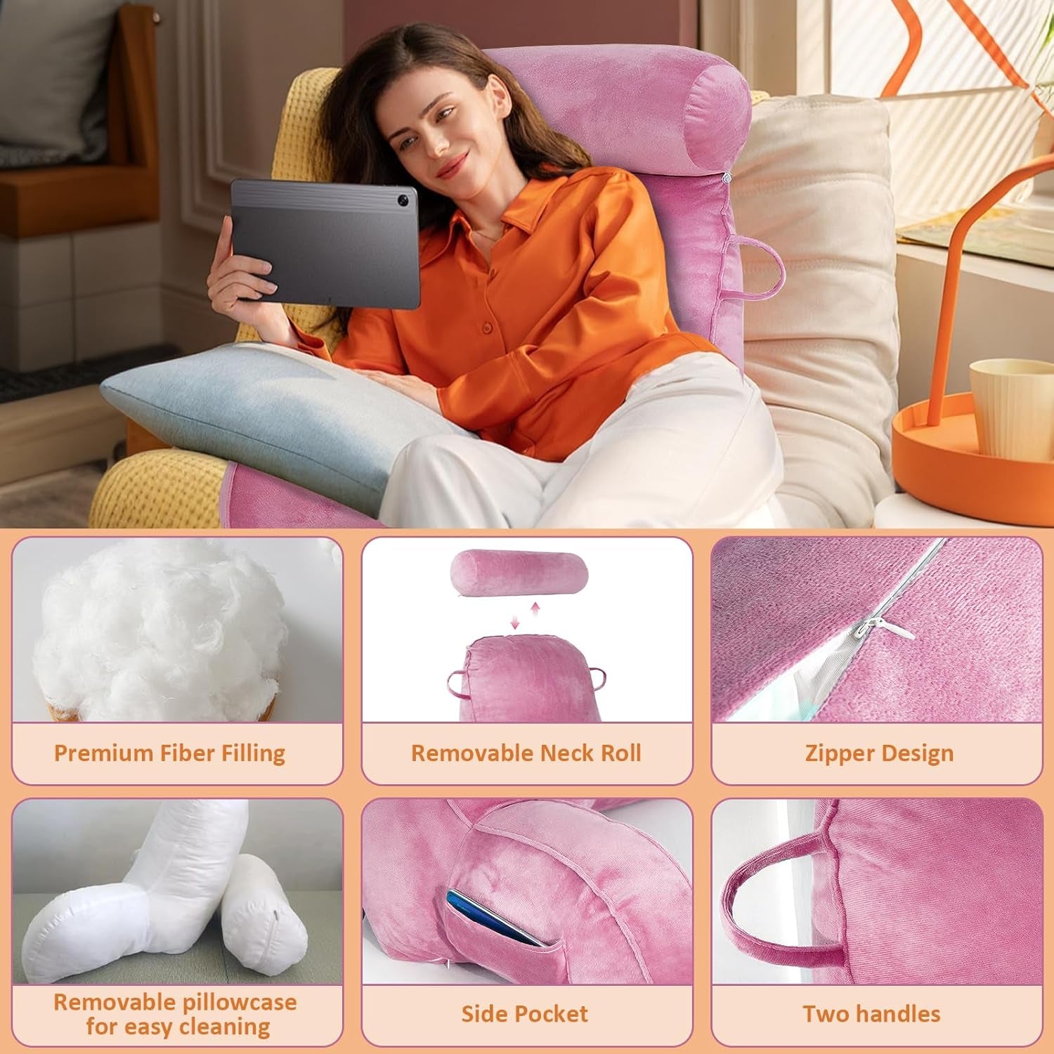 Oreiller de lecture XL pour lit et canapé avec tour de cou amovible, oreiller de dos idéal pour adultes avec mousse à mémoire de forme pour lire, travailler, jouer, regarder la télévision, se détendre (rose)