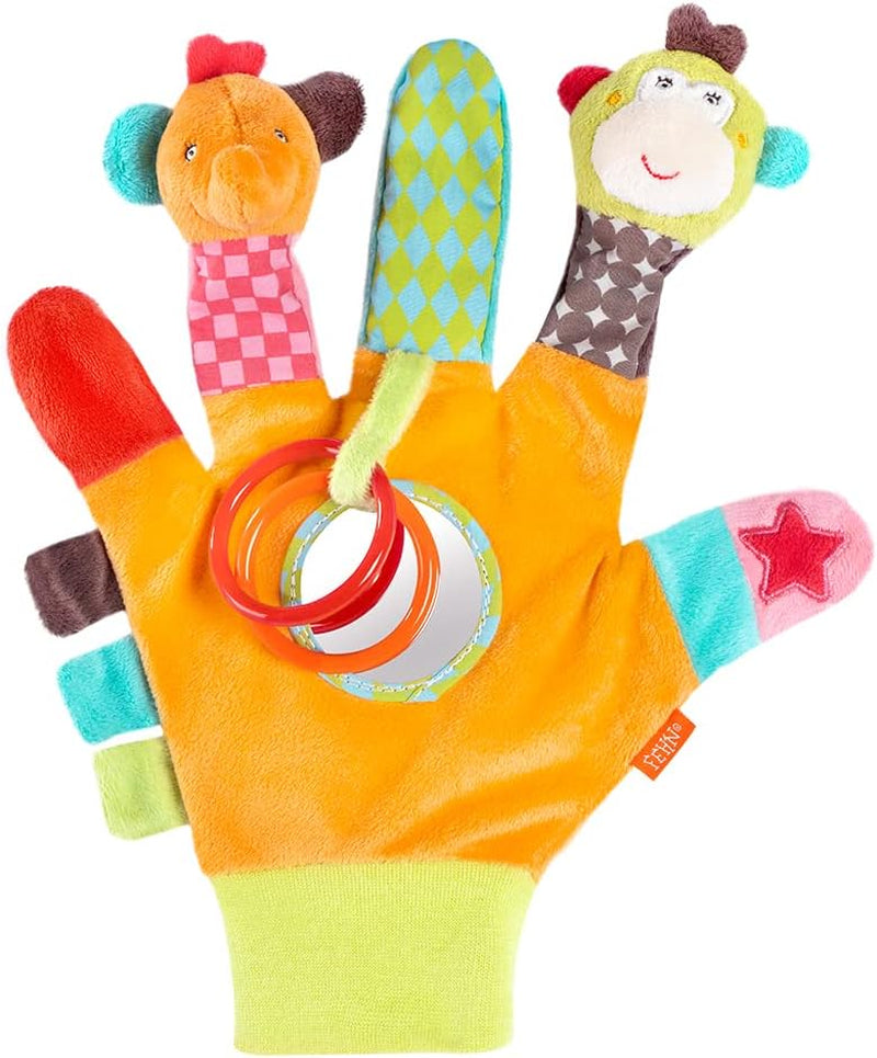 Fehn Play Glove Safari - Marionnettes à doigts pour bébé - Singe et éléphant pour saisir et faire des bruits - Livre d'images doux Bruno - Livre tactile pour enfants avec motifs d'animaux Jouets pour bébés Naty Shop