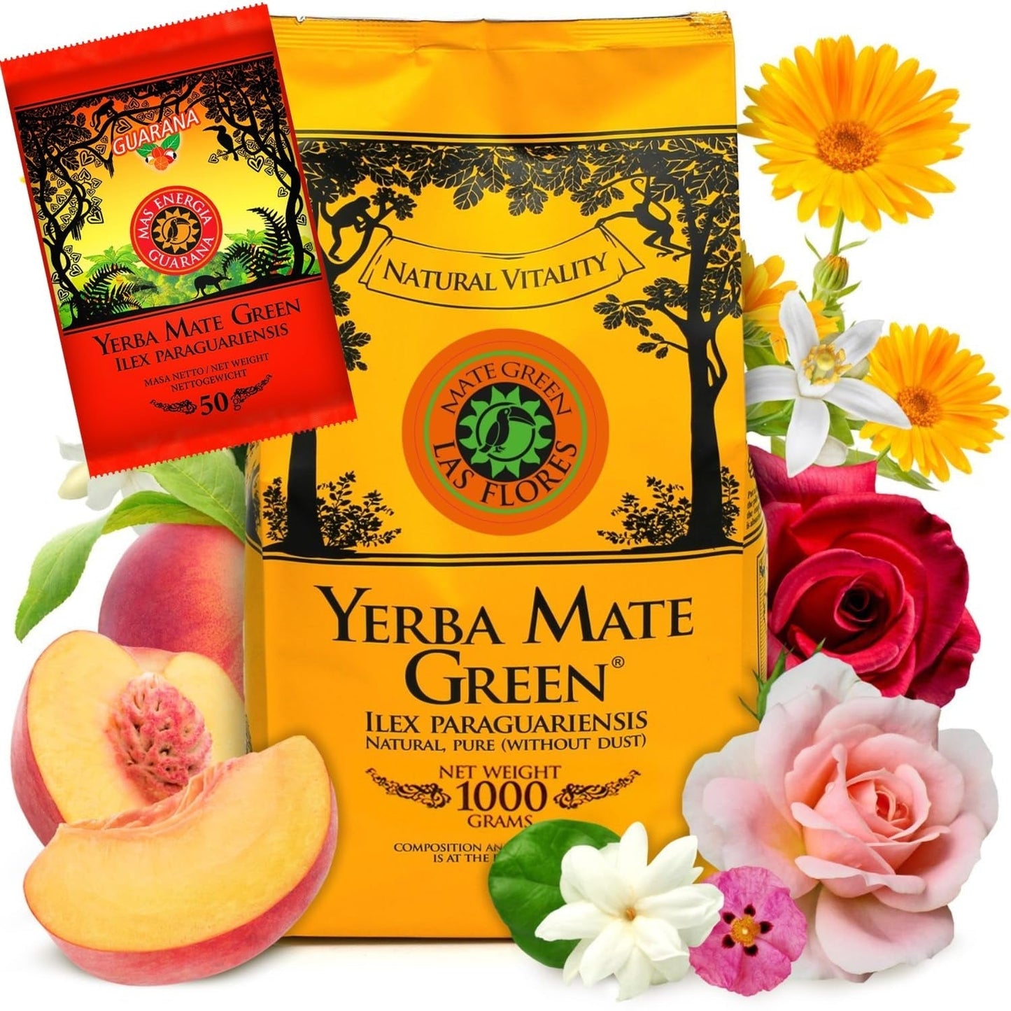Yerba LAS FLORES 1 kg ● Thé Yerba Mate aux pêches du Brésil ● Jasmin ● Thé Mate de feuilles de maté ● Arômes naturels ● Thé Yebra Mate au guarana 50 g ● Thé Yerba Mate aux feuilles entières 1050 g ● Vegan