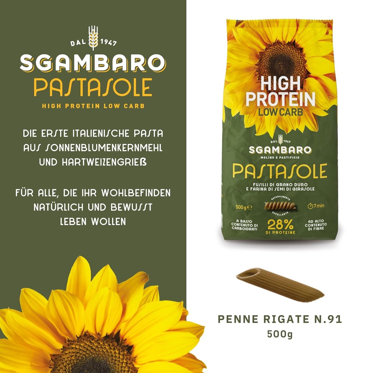 PASTASOLE , Penne Rigate mit Hartweizengrieß aus 100% italienischem Anbau und Sonnenblumenkernmehl - 500g - Riche en protéines, faible en glucides, haut ballaststoffgehalt