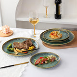 Henten Home Assiettes spéciales en grès, bols à snack et à sauce - 20x17cm pour 4 personnes, assiettes petit-déjeuner en porcelaine - design vert moderne