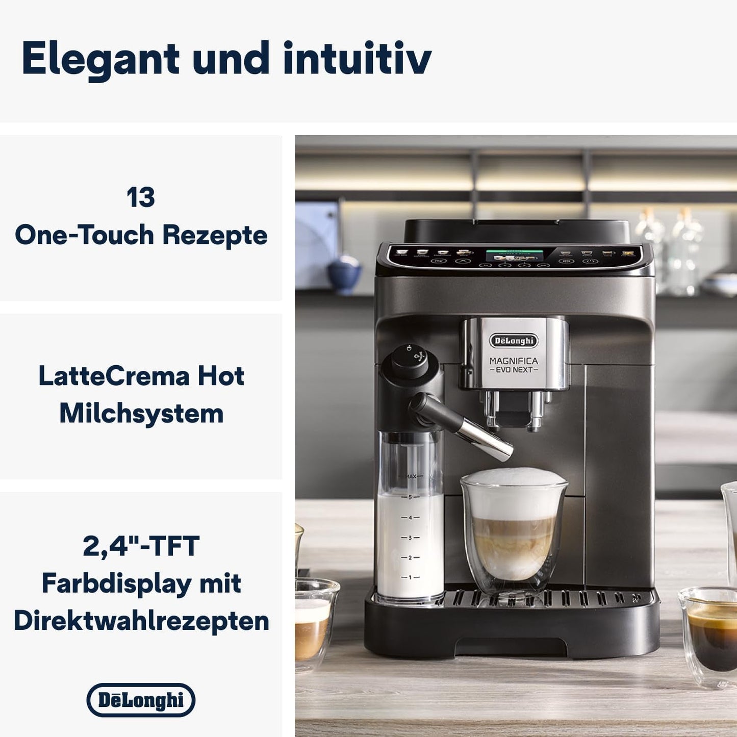 De'Longhi Magnifica Evo Next - Expresso entièrement automatique Perfetto avec mousseur à lait LatteCrema, 13 boissons à une touche, cafetière et cappuccino, écran tactile couleur, titane (ECAM312.80.TB)