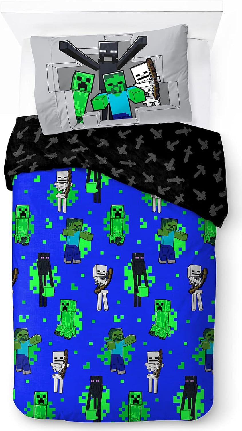 Parure de lit enfant personnages Disney 100% coton Parure de lit enfant Naty Shop Bleu - Minecraft 135X200/50X70 (2 Pièces)