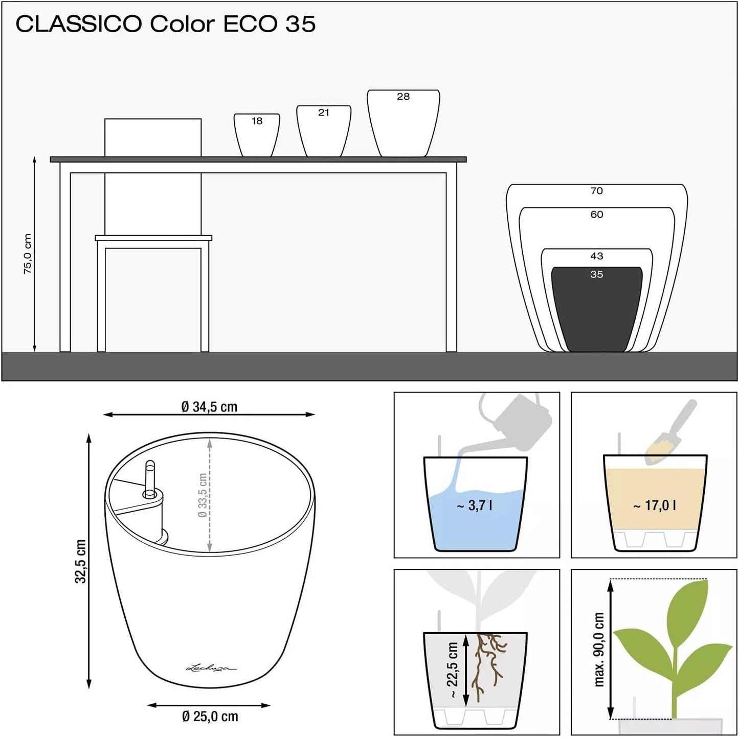 Jardinière LECHUZA Classico Couleur ECO 35 Gris Foncé | Jardinière avec système d'arrosage et indicateur de niveau d'eau | Fabriqué à partir de plastique 100 % recyclé | Finition mate | Ø 34,5 x 32,5 cm | 18935