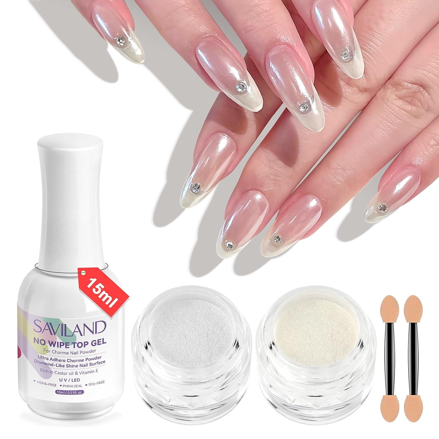 Saviland Chrome Nail Powder Set - Rose Laser Chrome Nail Powder Effet Miroir Laser Nail Art, Nail Glitter Manucure Poudre Décorative avec Bâtons Éponge, Nail Glitter Powder Nail Salon
