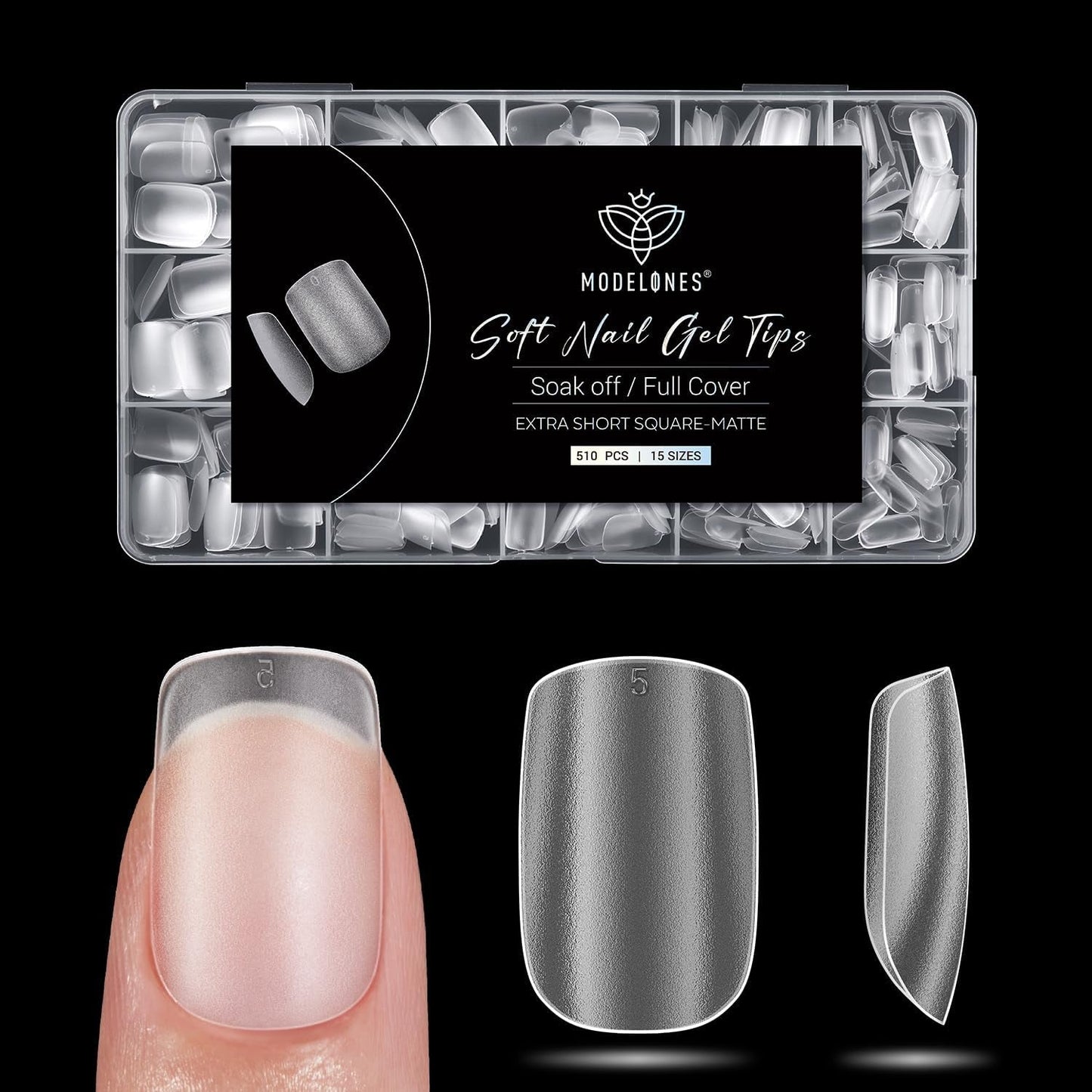 Modelones Nail Tips 510 pièces – Ensemble de pointes d'ongles à couverture complète, ensemble de pointes en gel, pointes d'ongles en résine PMMA pré-polonées, ongles artificiels à coller sur Nail Art DIY, Squoval court