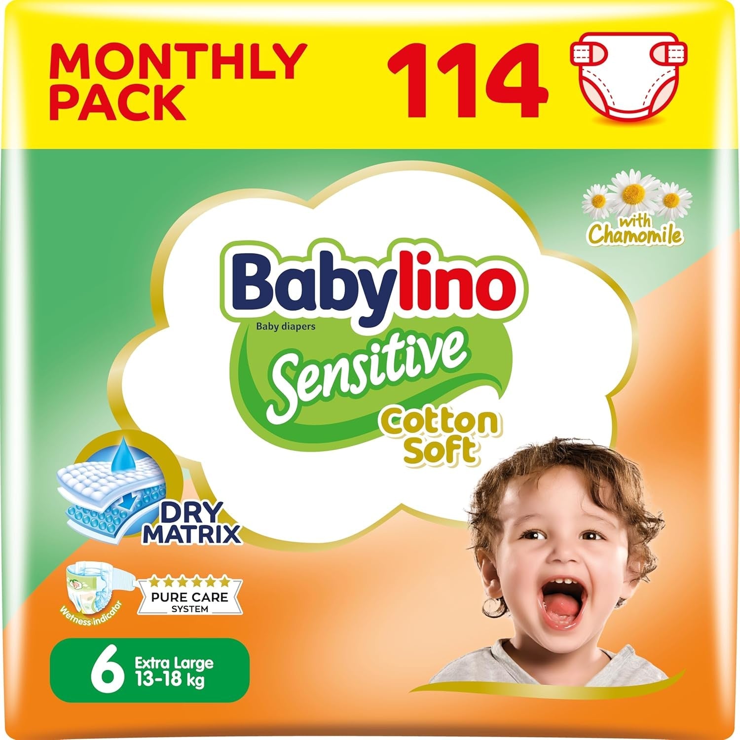 Couches pour bébés sensibles, taille 6, extra large (13-18 kg), 114 couches