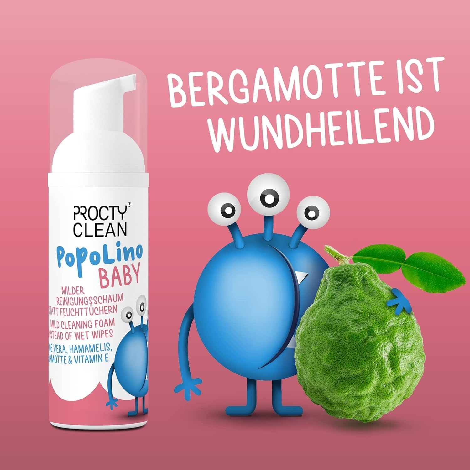 Mousse à fond souple PopoLino Baby au lieu de lingettes humides pour bébé. Mousse nettoyante cosmétique vegan et naturelle ! Mousse inférieure à l'aloe vera, à l'hamamélis, à la bergamote et à la vitamine E. Rend les fesses et l'environnement heureux.