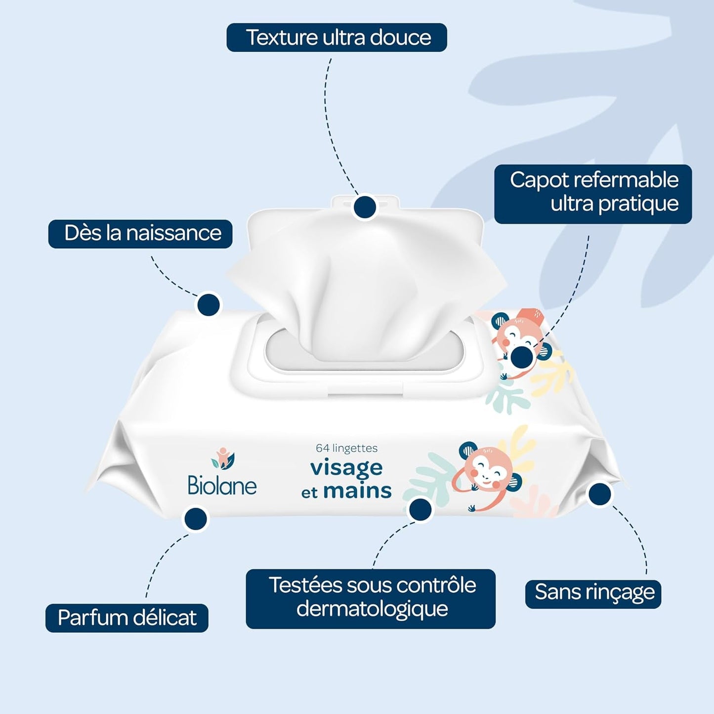 BIOLANE - Lingettes Humides Bébé Visage et Mains - Paquet de 6 - 384 Lingettes (6 x 64 cm) - Nettoie et Protège - Produits de Toilette - Hypoallergéniques - Pour Peaux Sensibles - 97% d'ingrédients naturels - Fabriquées