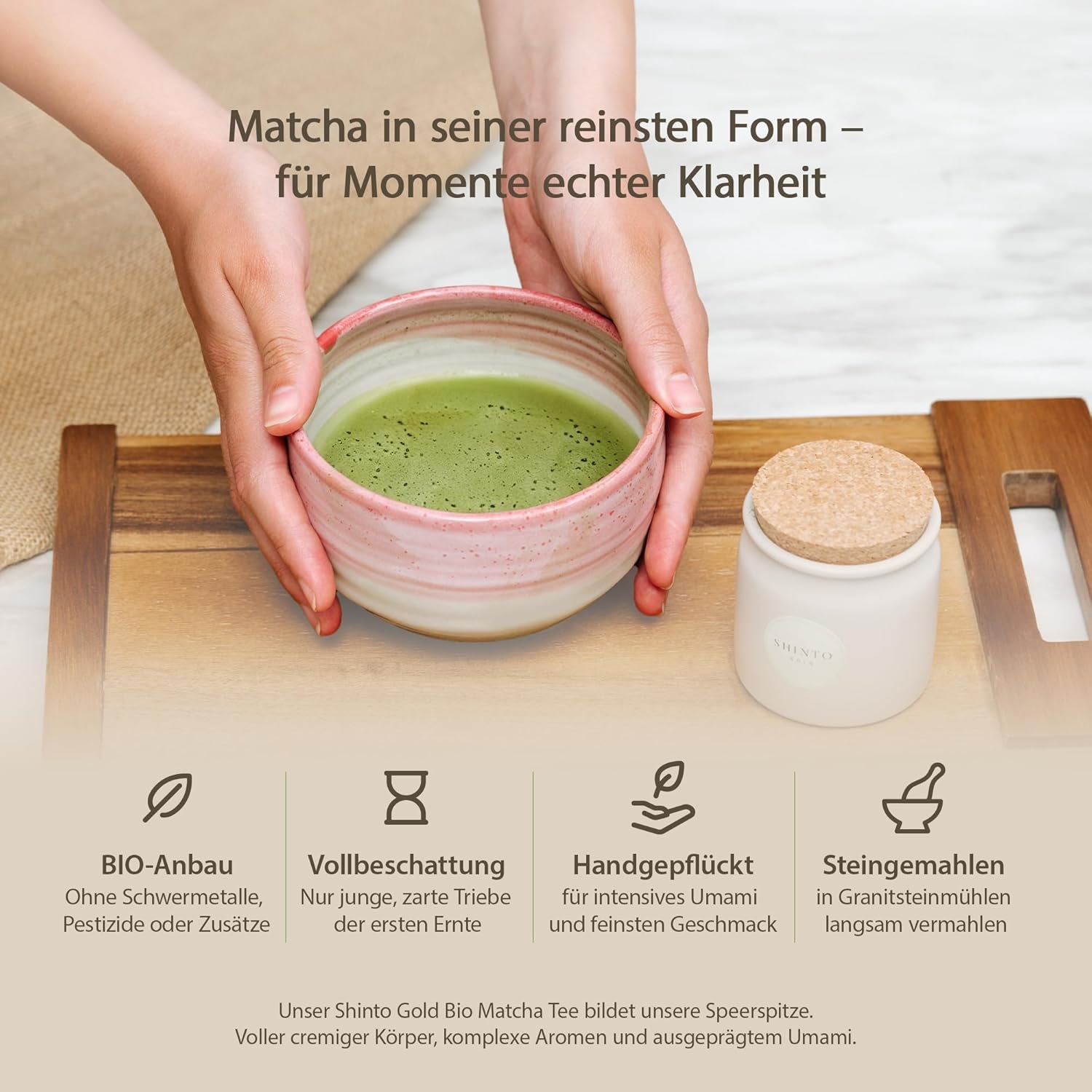 Shinto – Thé Matcha biologique « Gold » – Poudre de thé vert de qualité cérémonielle – Certifié JAS et EU BIO – Ombragé et cueilli à la main – Importation directe d'Uji, Japon – 30 g