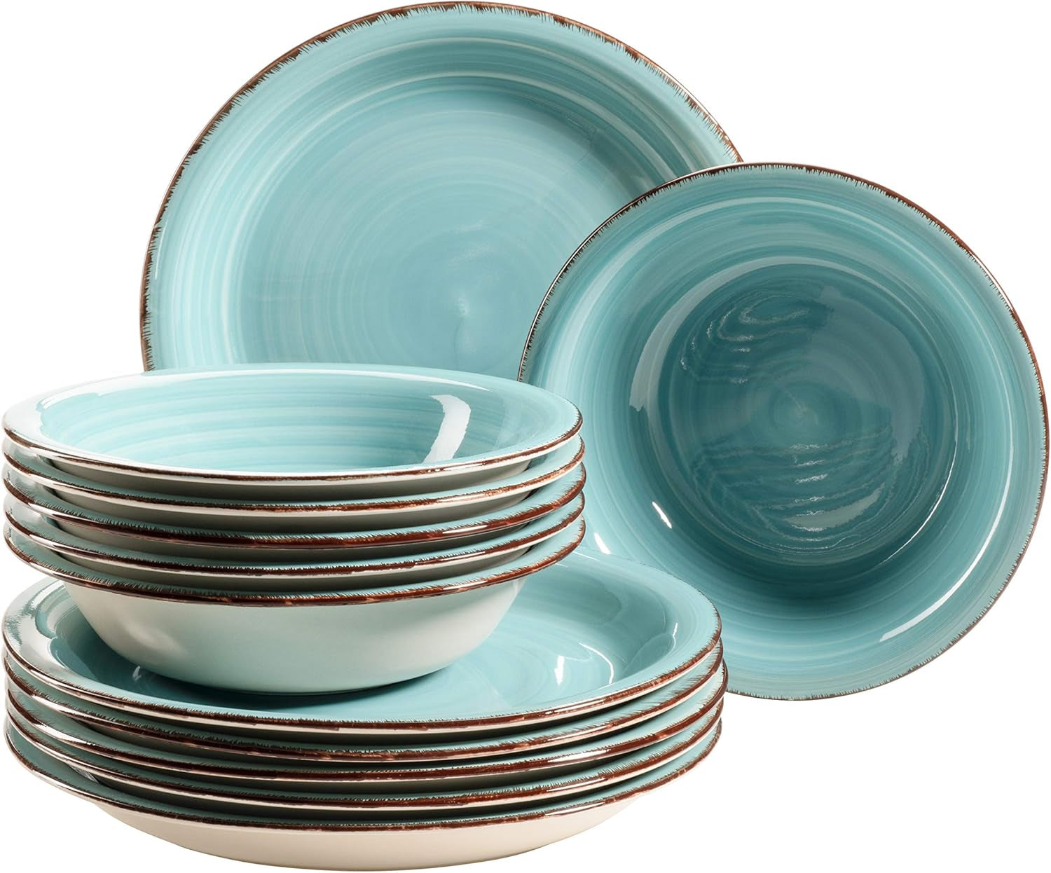 MÄSER Bel Tempo II Teller-Set for 6 Personen im modernen Vintage Look, 12-teiliges Tafelservice, handbemalt, Türkis, Steingut, 27 centimètres