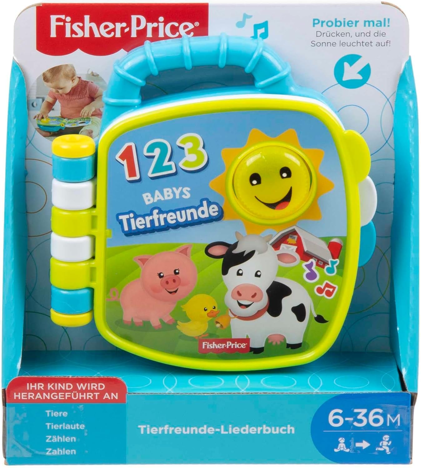 Fisher-Price Musical Animal Friends Recueil de chansons | Jouet bébé à partir de 6 mois, 1 an pour filles et garçons | Jouet pour enfants | Livre musical avec effets sonores et lumineux | Jouet éducatif (allemand), GFP29 Jucarii Bebe Naty Shop