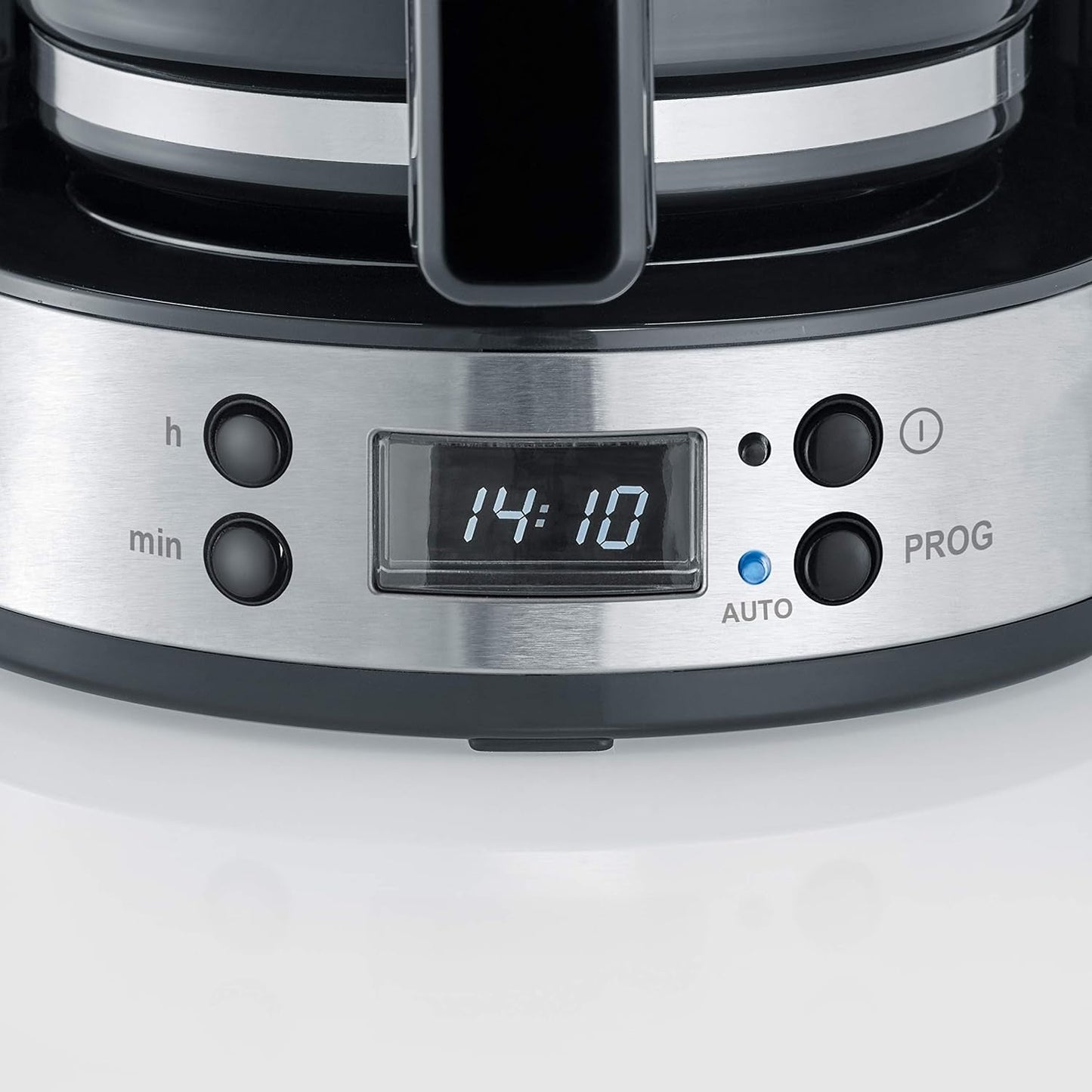 Machine à expresso SEVERIN "TypeSwitch" avec carafe en verre et minuterie, AromaSwitch pour choisir 2 options de préparation, horloge numérique avec fonction minuterie, pour jusqu'à 10 tasses, 1000W, acier inoxydable brossé-noir, KA 4826