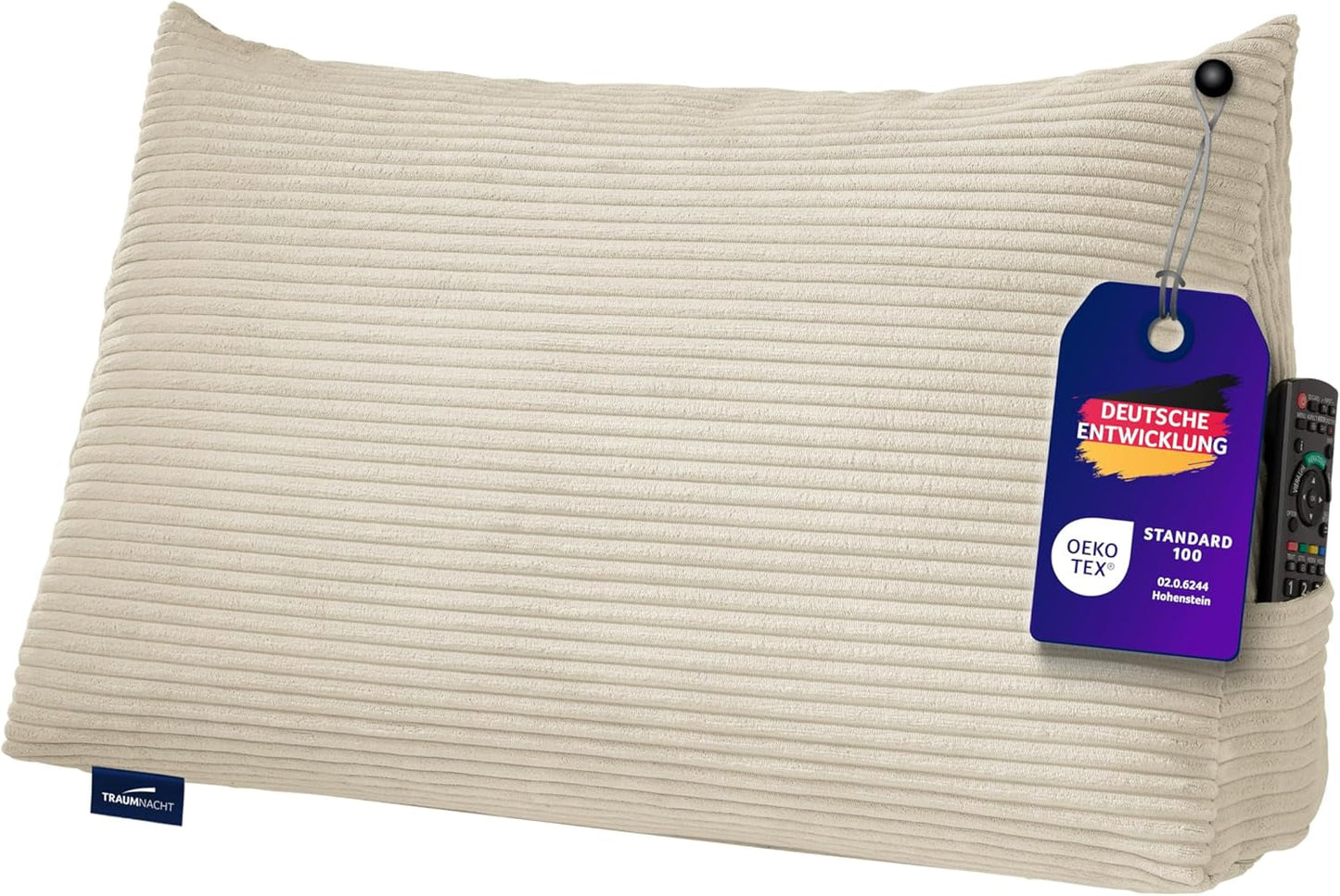 Traumnacht Cosy Back Oreiller de lecture 70 x 40 cm beige Housse amovible et lavable en 100 % polyester Poche latérale pratique Certifié Oeko-Tex Produit selon les normes de qualité allemandes