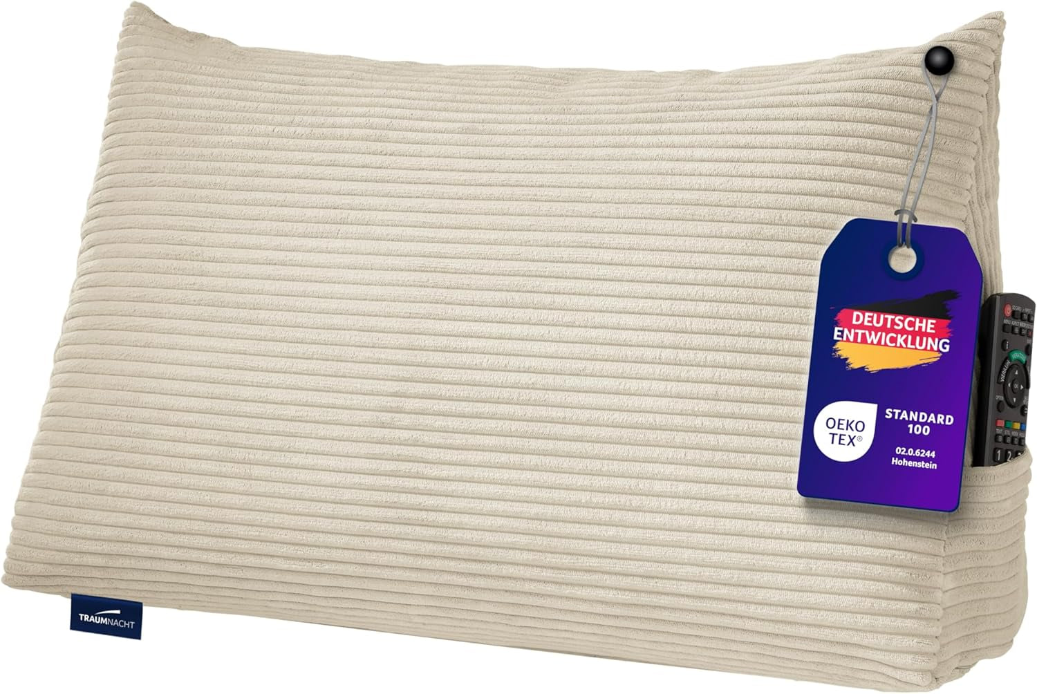 Traumnacht Cosy Back Oreiller de lecture 70 x 40 cm beige Housse amovible et lavable en 100 % polyester Poche latérale pratique Certifié Oeko-Tex Produit selon les normes de qualité allemandes