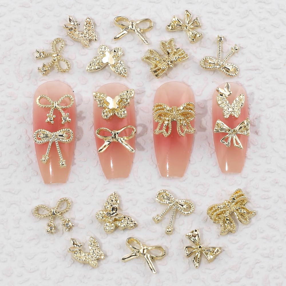50pcs 3D Gold Bow Nail Charms Butterfly Nail Art Charms Legierung Bogen Nagel Charms Nägel Zubehör Schleife Nagelschmuck Metall Schleifen Schmetterling Nageldesign Nagelanhänger Nailart Strasssteine