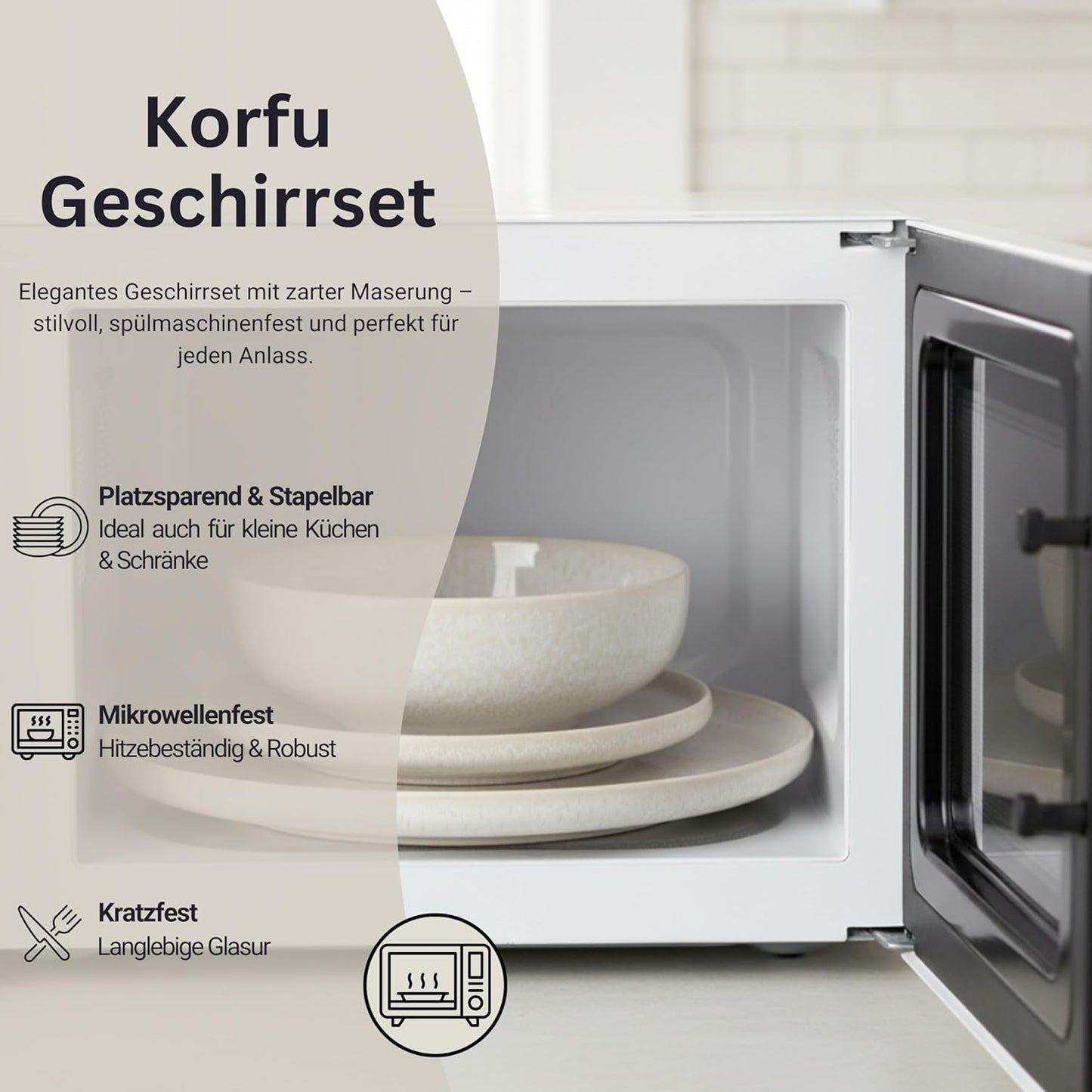 SANGER | Service de table Corfou 24 pièces, service de table pour 8 personnes, service de table en céramique fait à la main, comprenant assiettes à dîner, assiettes à dessert et assiettes Suma, vaisselle crème avec texture sable