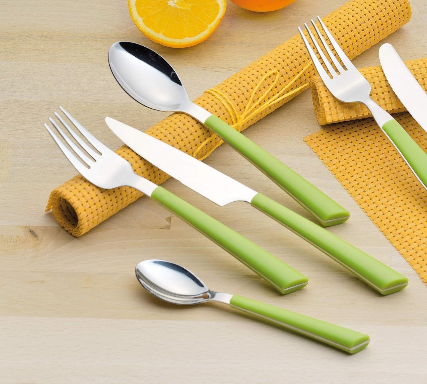 Couverts JANE, inox 18/0 poli, manches en plastique vert, 24 pièces Cuisine Naty Shop