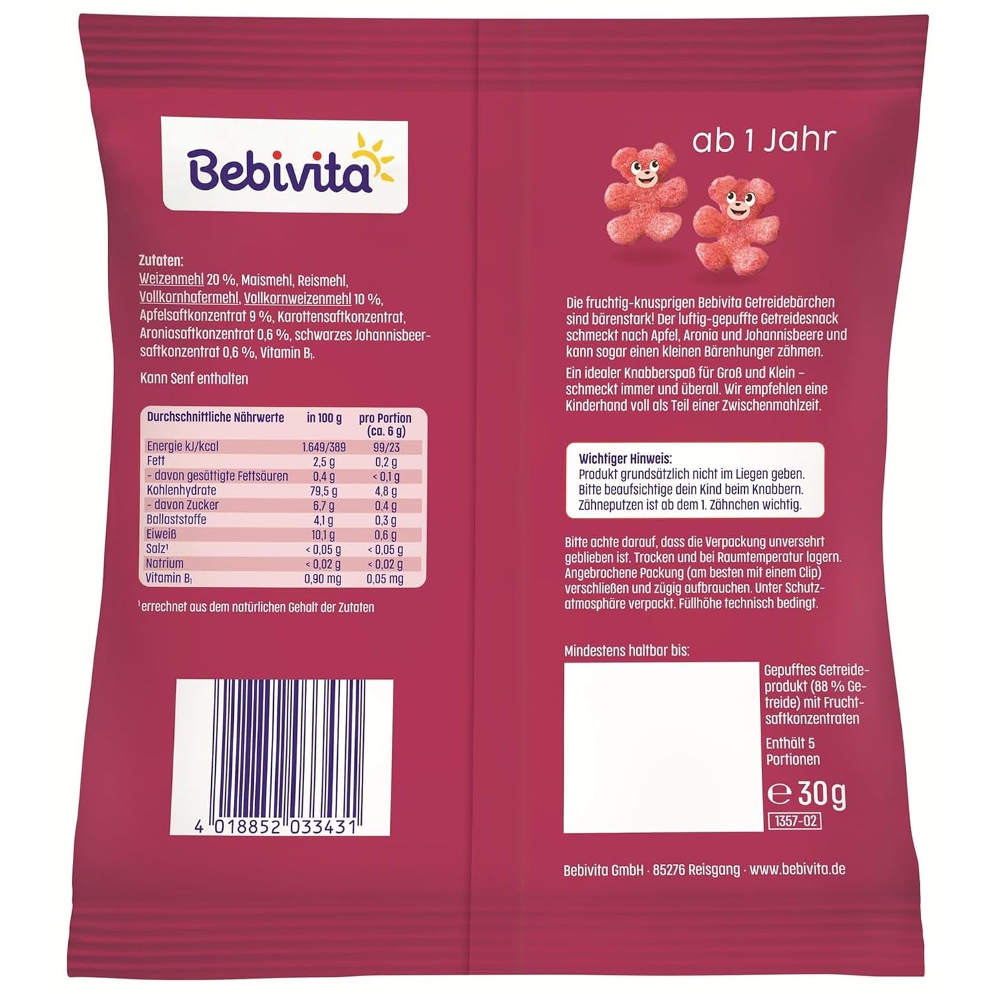 Oursons aux céréales aux superfruits (9 x 30g) – snacks pour enfants à partir de 1 an, sucrés uniquement avec des fruits, idéal amusant pour toute la famille