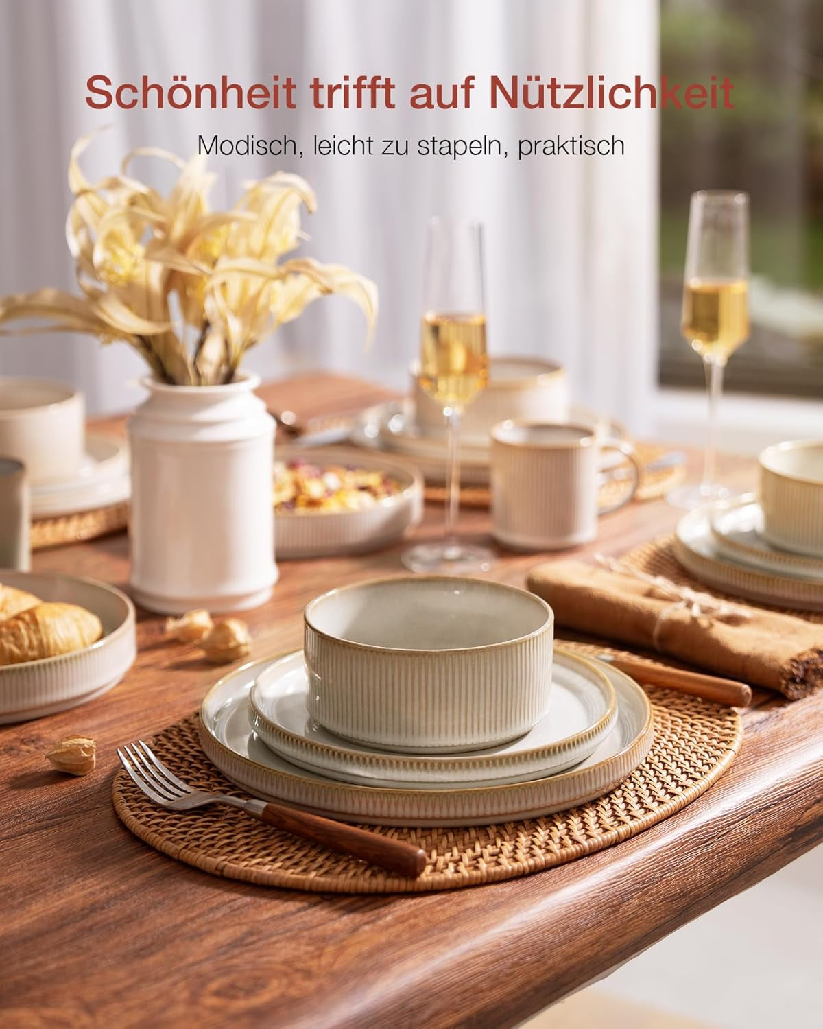 Star Service de table 18 pièces, service de table pour 6 personnes, porcelaine, résistant aux rayures, passe au micro-ondes et au lave-vaisselle, blanc cappuccino