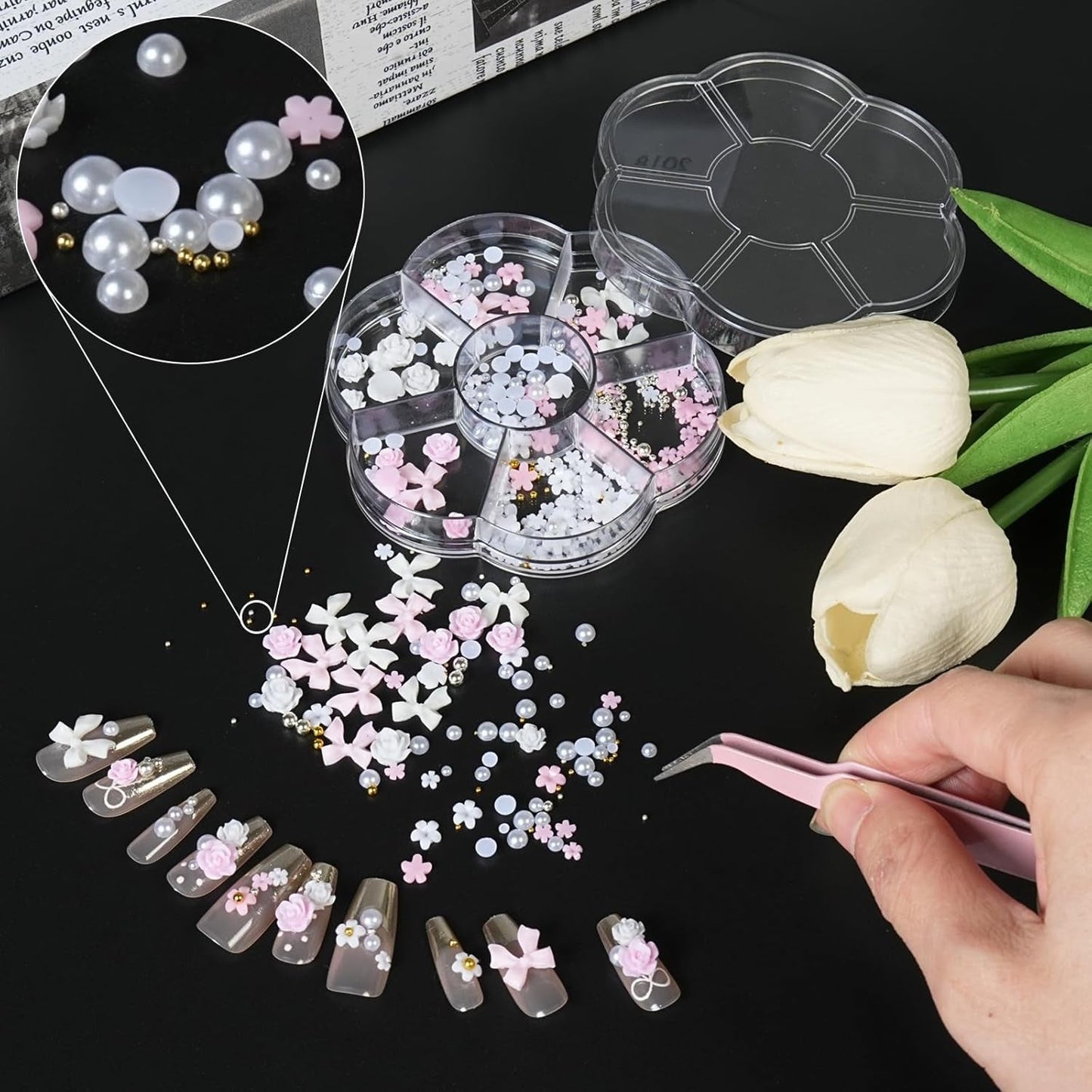 Charmes d'ongles 3D, Charms d'art d'ongle Schleifen, Blumen und Perlen, Charms de Nagel au Harz, Ensembles de décorations de ongles, Charms de bricolage Nägel, Nagelanhänger