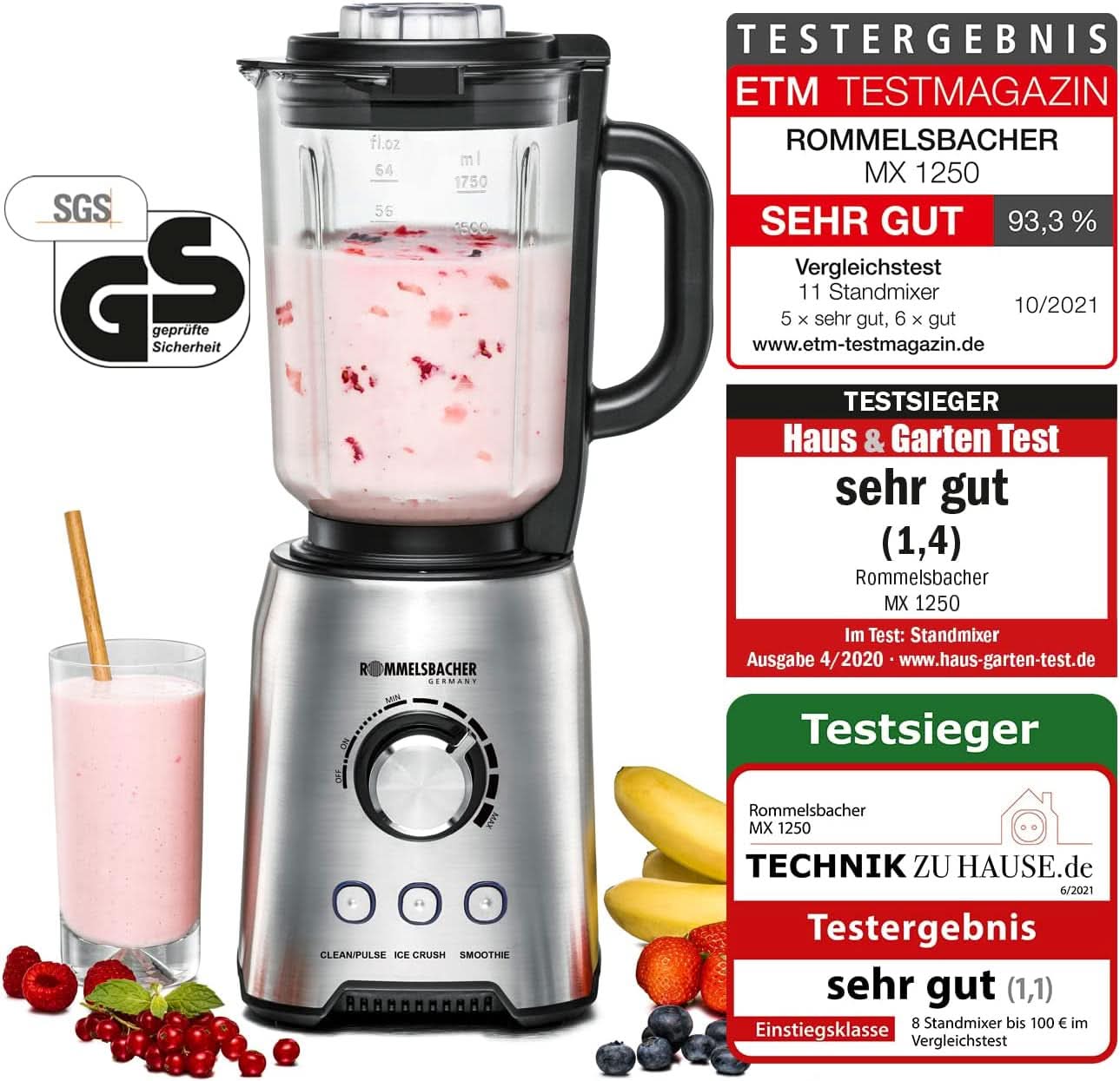 ROMMELSBACHER Batteur sur socle MX 1250-22 000 U/Min, Stufenlose Drehzahlregulierung, Funktionsstasten (Smoothie, Clean/Pulse, Ice Crush), Glaskrug, Edelstahlgehäuse, Spezialmesser, 1200 Watt Kitchen Naty Shop