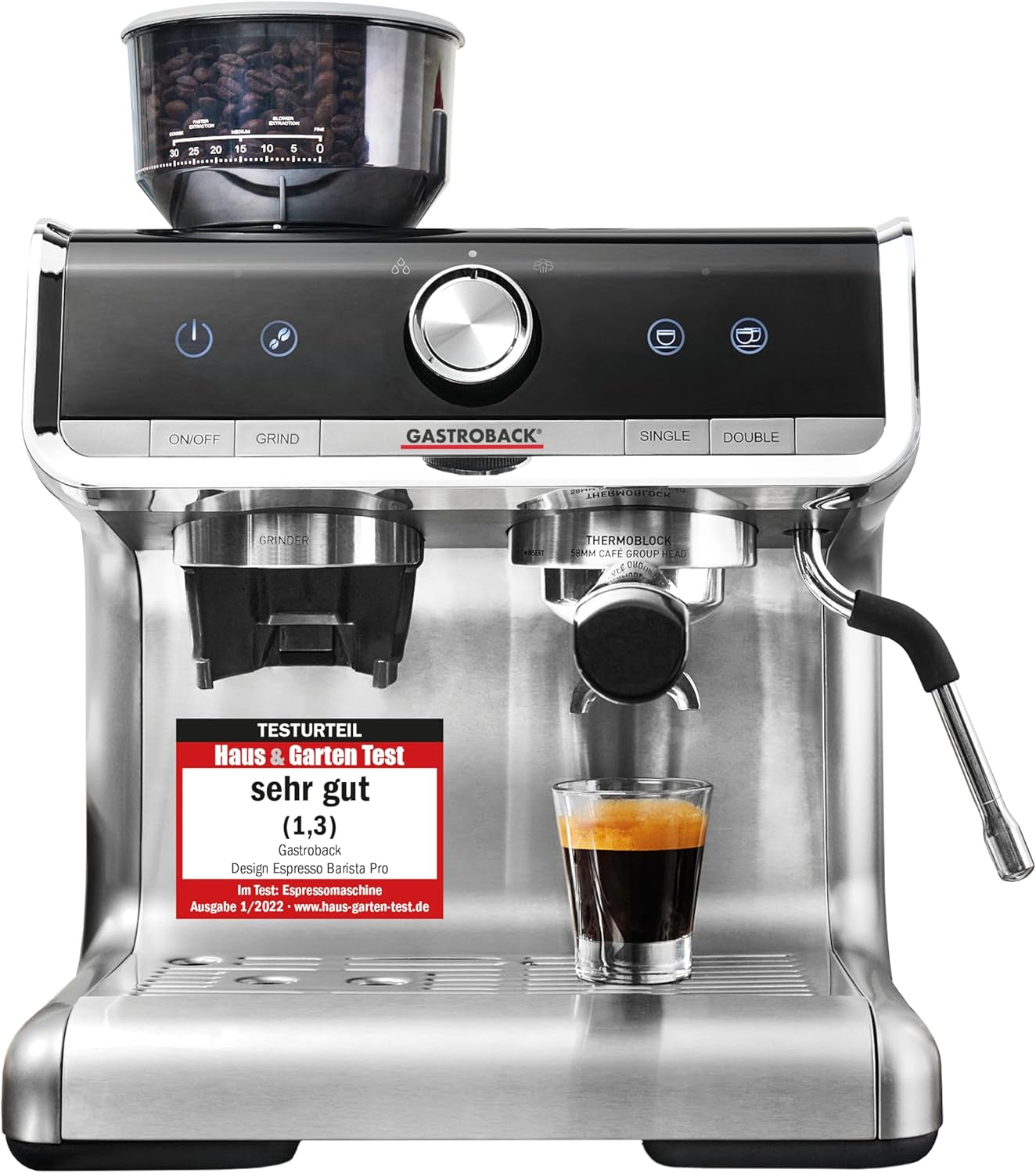 Machine à expresso GASTROBACK avec moulin comprenant pot à lait, presse-agrumes et porte-filtre en acier inoxydable - Machine à expresso Barista avec mousseur à lait - Machine à expresso avec 30 réglages de mouture