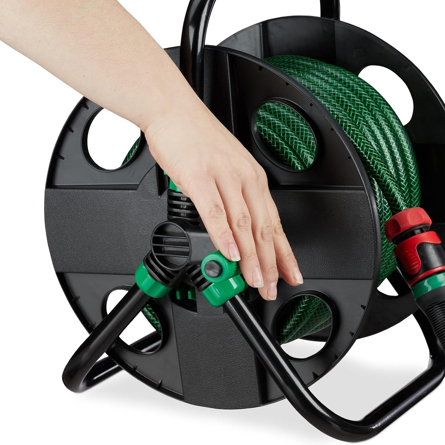 Relaxdays Enrouleur de Tuyau d'arrosage Vide pour Tuyau d'arrosage 30 m 1/2", Hauteur-Largeur 39 x 43 x 30 cm, Noir-Vert