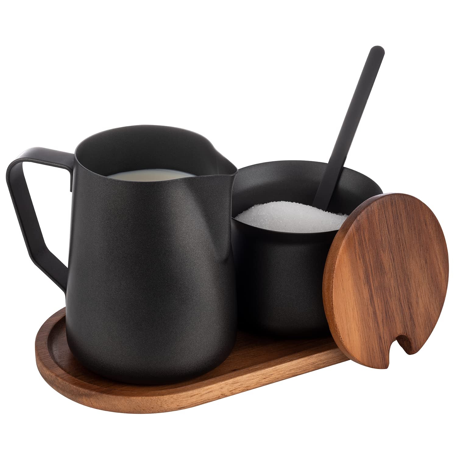 Service à lait et sucre APS 634, set 5 pièces, bois d'acacia, acier inoxydable, revêtement antiadhésif, noir
