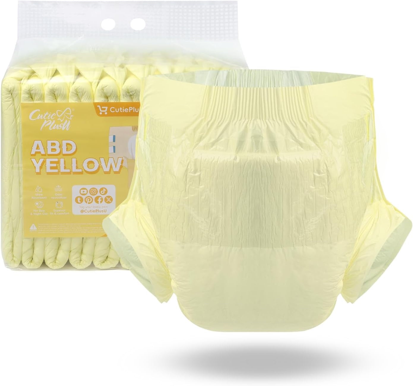 CutiePlusU Lot de 10 couches jetables pour incontinence avec boucles pour femme et homme, absorption maximale pendant la nuit – Jaune (taille moyenne 71-96 cm)