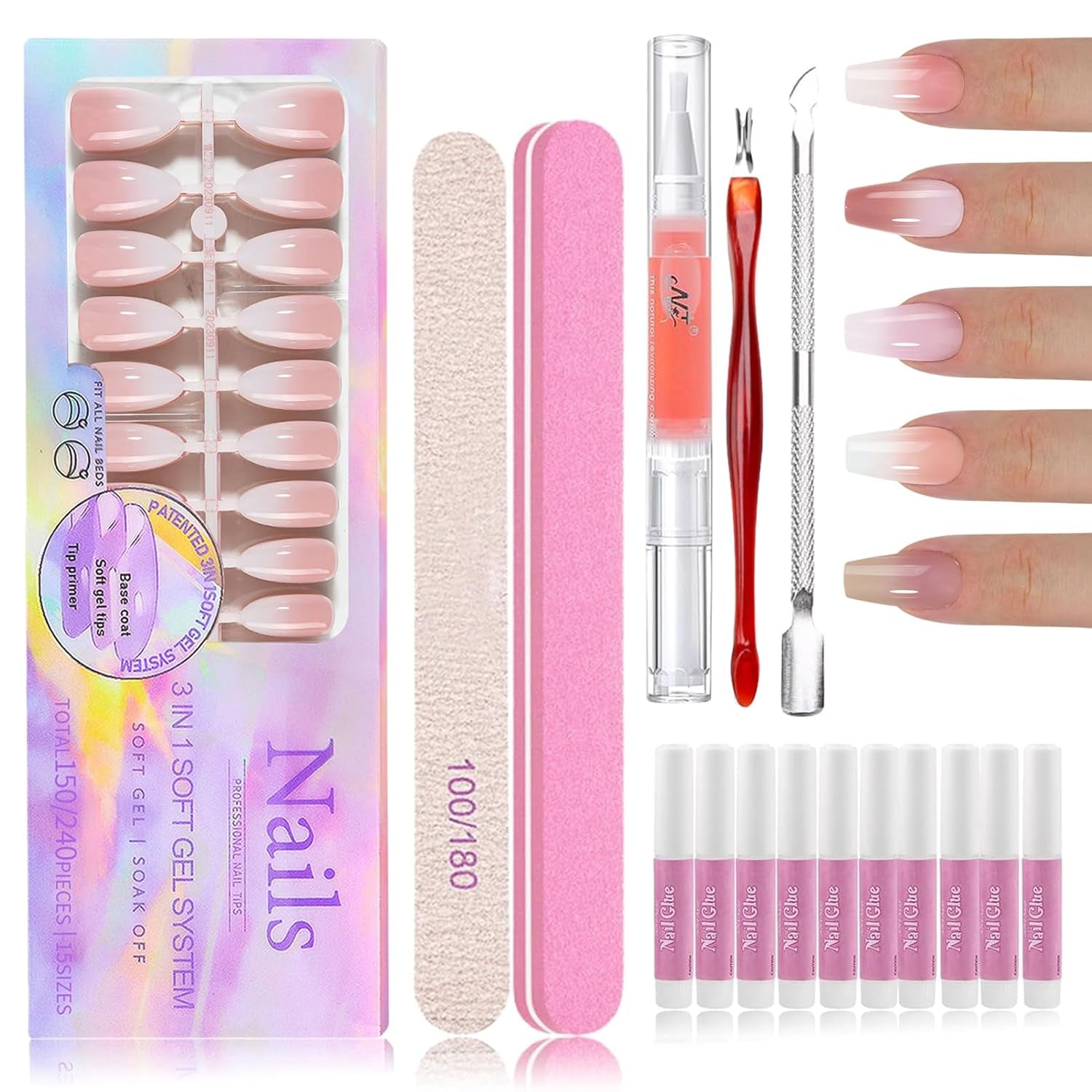 Kit de 150 faux ongles dégradés – 5 couleurs ombrées, ongles artificiels autocollants – Couverture complète pour femmes et filles – Faux ongles brillants pour manucure DIY (carré)