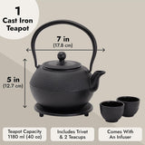 Juvale Service à thé japonais avec théière en fonte (1200 ml), soucoupe et 2 tasses, service à thé de style Tetsubin, noir