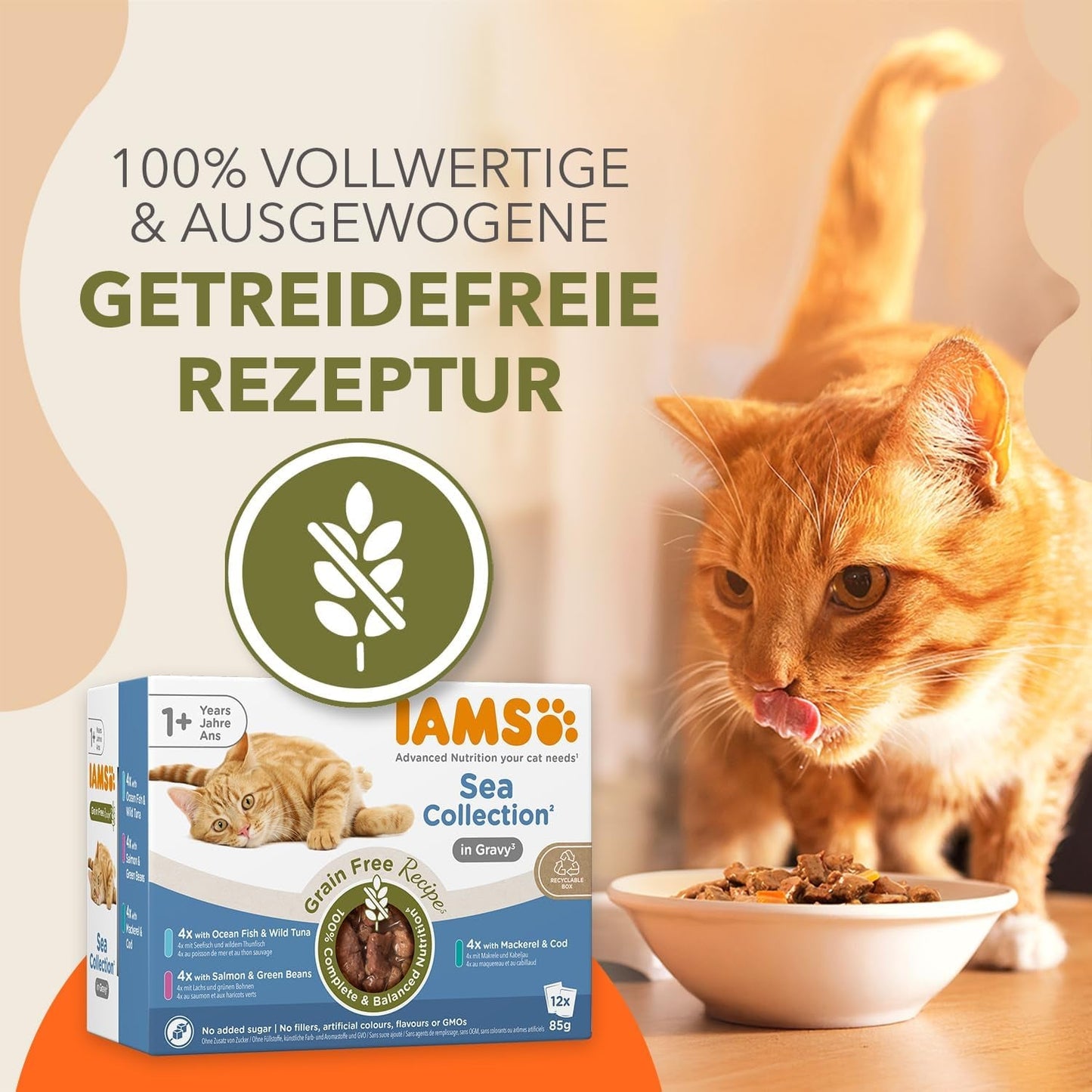 IAMS Delights Sea Collection Nourriture humide pour chats sans céréales - Multipack avec une variété de poissons en sauce, nourriture humide sans céréales pour chats à partir de 1 an, 12 x 85 g