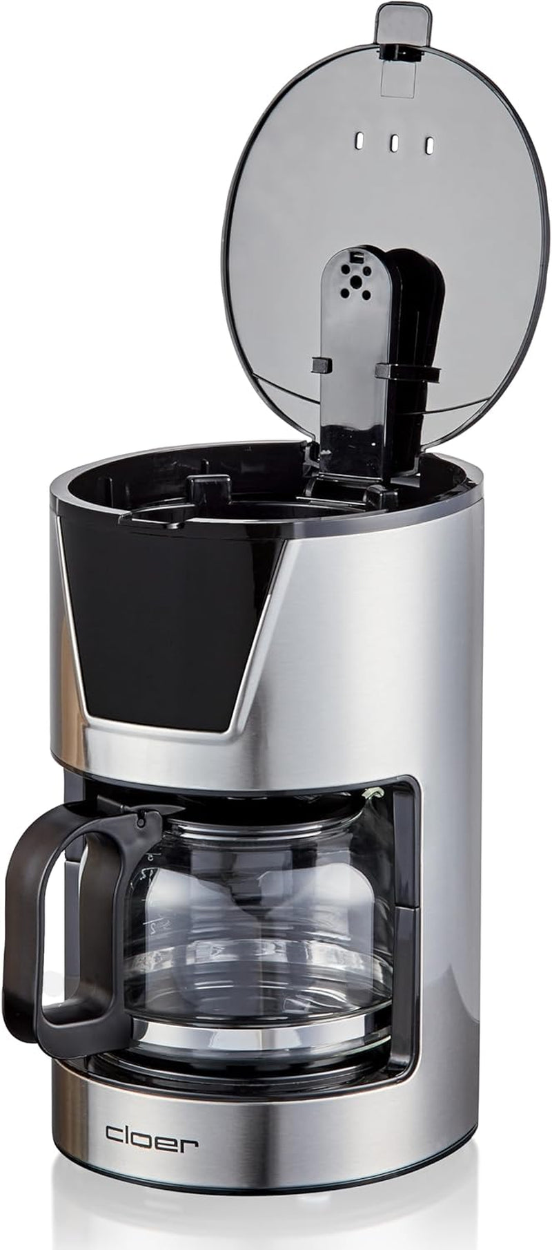 Machine à expresso à filtre Cloer 6 tasses, fonction maintien au chaud doux, carafe en verre, cuillère doseuse, indicateur de niveau d'eau, système anti-goutte, arrêt automatique, taille de filtre 1x2, 550 W, acier inoxydable