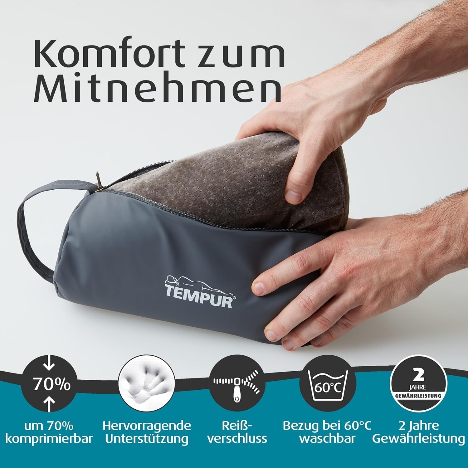TEMPUR Oreiller de Voyage en Mousse à Mémoire de Forme, Oreiller Cervical Ergonomique, avec Sac de Transport, Anthracite, Dimensions 25 x 31 x 10/7 cm