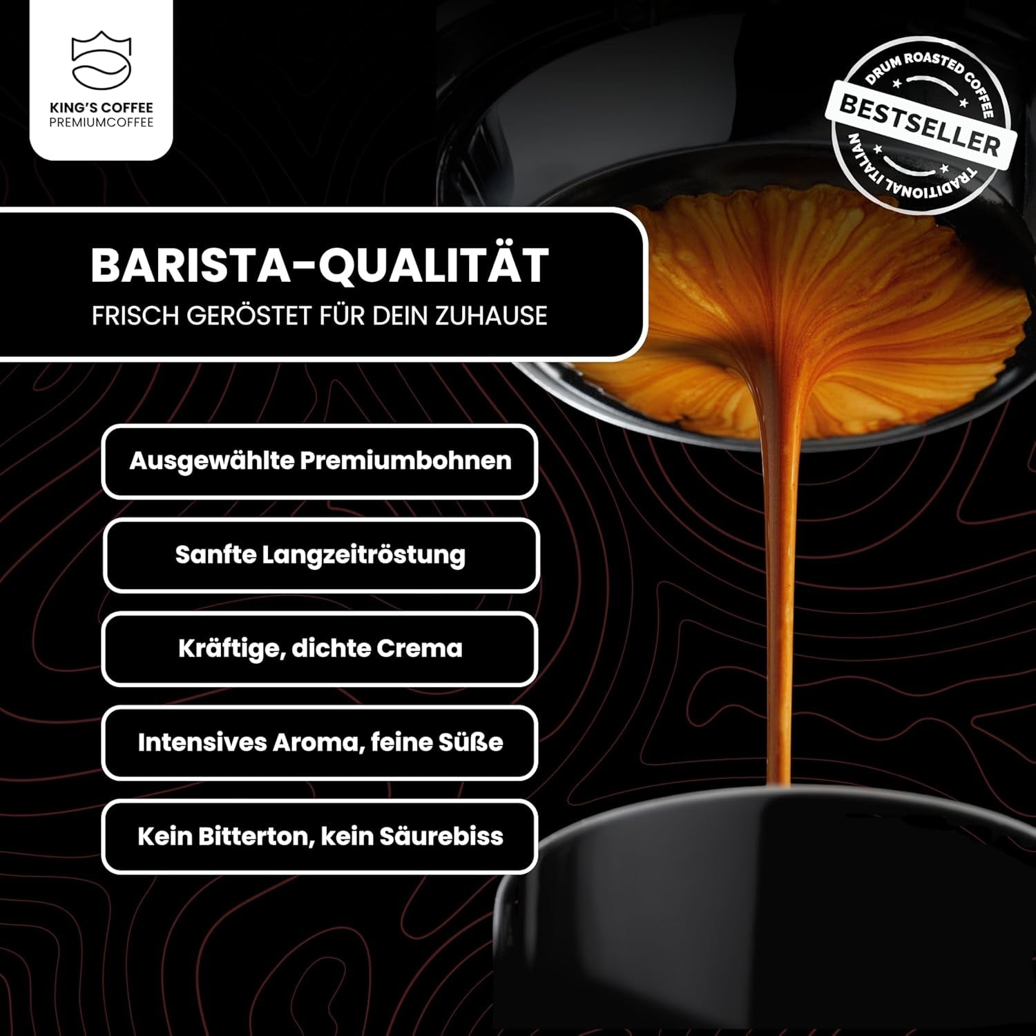 KING'S COFFEE - BLACK EDITION - 1 kg de grains de café crème intense - Café à faible acidité - Torréfaction en petits lots d'Italie - Grains d'espresso Arabica forts (mélange) pour machines entièrement automatiques et porte-filtres