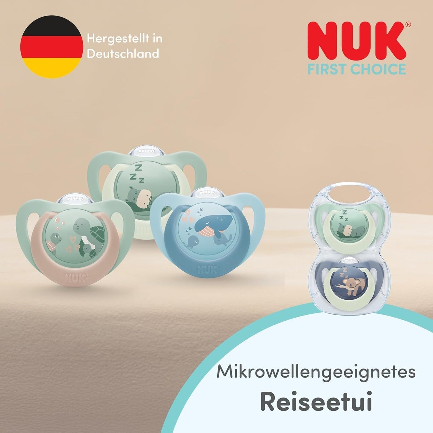 NUK First Choice Sucette de nuit pour bébés | 6-18 mois | Sucettes orthodontiques qui brillent dans le noir | Apaise 99% des bébés** | Lapin/Mouton | Pack 0-2