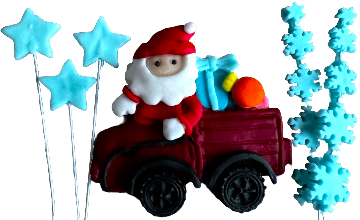 Lot de 6 décorations comestibles en pâte à sucre, Noël, voiture du Père Noël, étoiles et flocons de neige Décorations en Pâte à Sucre Naty Shop