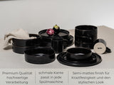 Ensemble de bols et assiettes en grès noir [12 pièces pour 4 personnes] Ensemble de vaisselle noir 100 % fait main avec glaçage réactif de qualité supérieure