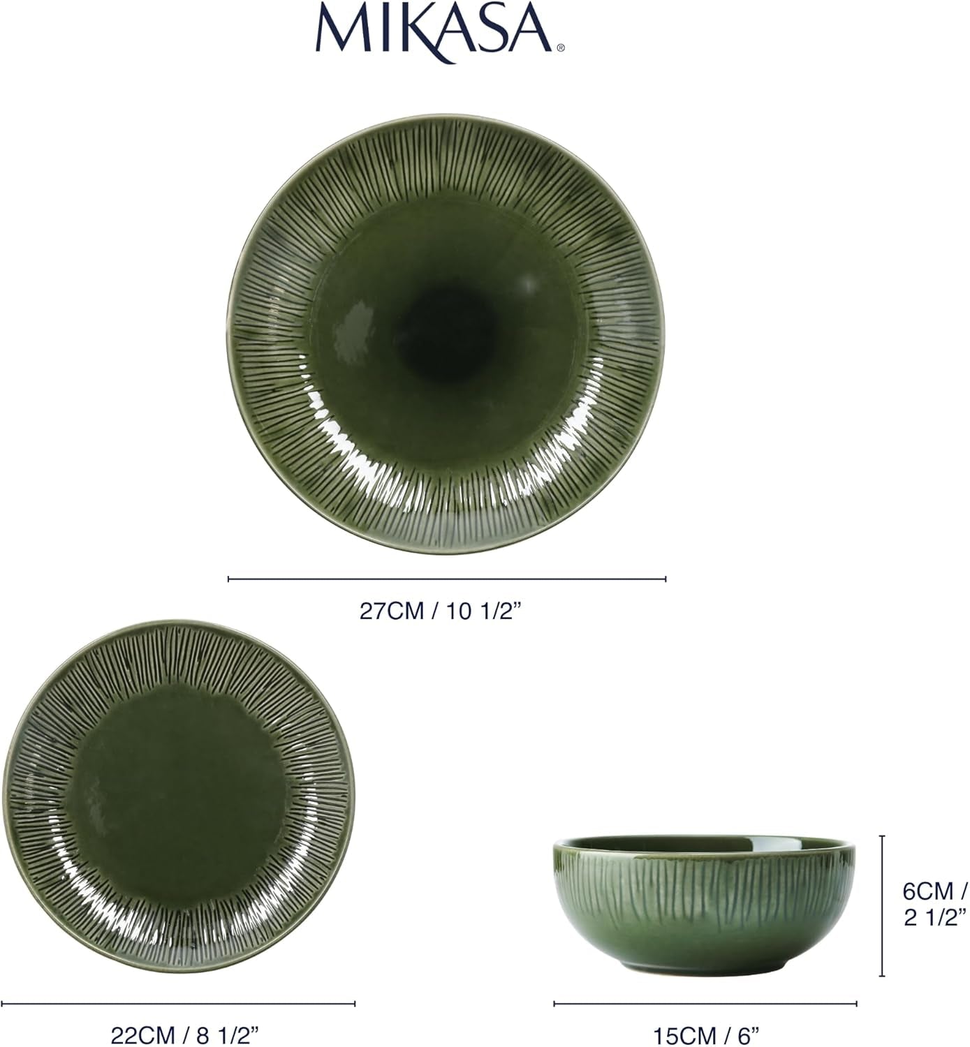 Mikasa Jardin Service de table 12 pièces, service de table en grès pour 4 personnes avec assiettes, assiettes latérales et bols, vert – Coffret cadeau et passe au lave-vaisselle