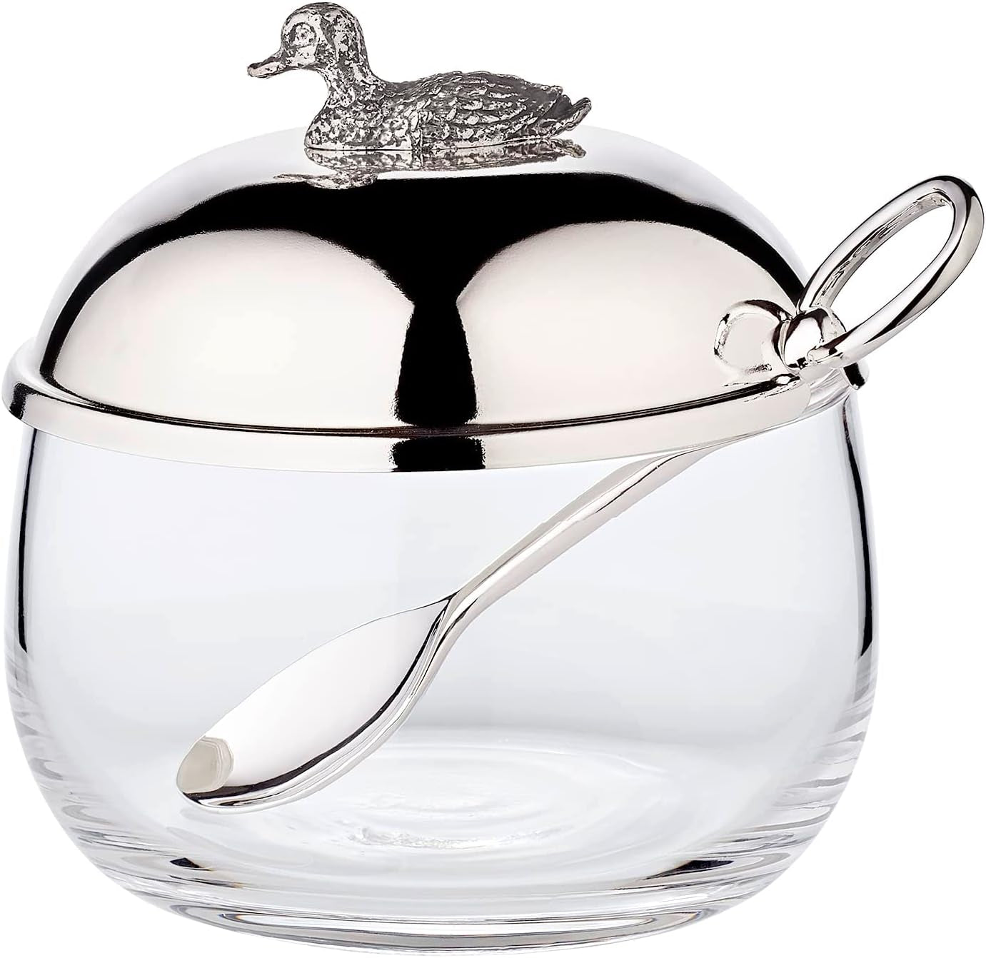 Pot à confiture de canard EDZARD (Ø 10 cm) en argent et verre - Boîte et cuillère - Bol, sucrier, fromage - Pot à confiture avec couvercle, rangement avec couvercle, coffret cadeau avec serrure
