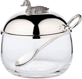 Pot à confiture de canard EDZARD (Ø 10 cm) en argent et verre - Boîte et cuillère - Bol, sucrier, fromage - Pot à confiture avec couvercle, rangement avec couvercle, coffret cadeau avec serrure