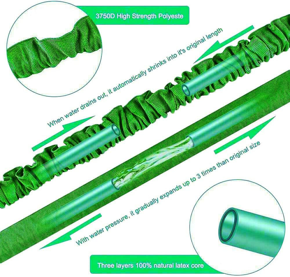 Tuyau d'arrosage extensible de 30 m, tuyau d'eau flexible de 100 pieds avec buse de pulvérisation à 8 jets, tuyau robuste rétractable étanche avec connecteurs 3/4" et 1/2" (30 m, vert)