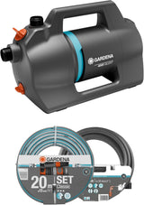 Ensemble Pompe de Jardin Silencieuse Gardena 4100 : Pompe d'Irrigation Très Silencieuse et Innovante avec Raccord d'Aspiration de 3,5 m et Tuyau Classique de 20 m, Débit 4100 L/h, Moteur 550 W, Étanche, Économique (9051-20)