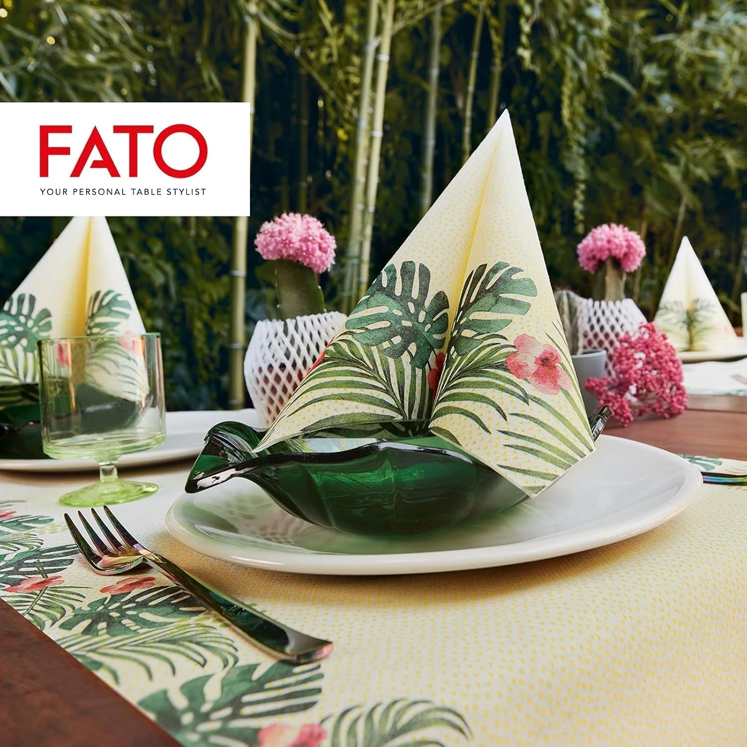 Fato - Serviettes en papier sec, airlaid, effet textile, paquet de 50 serviettes, 40X40 pliées en format 4, Tropicana Decor