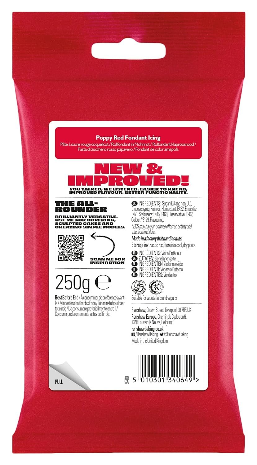 Fondant Rouge Coquelicot 250g - Prêt à rouler, parfait pour le glaçage et la décoration de gâteaux, cupcakes et biscuits - Rouge Coquelicot - 250g Pâte à sucre Naty Shop