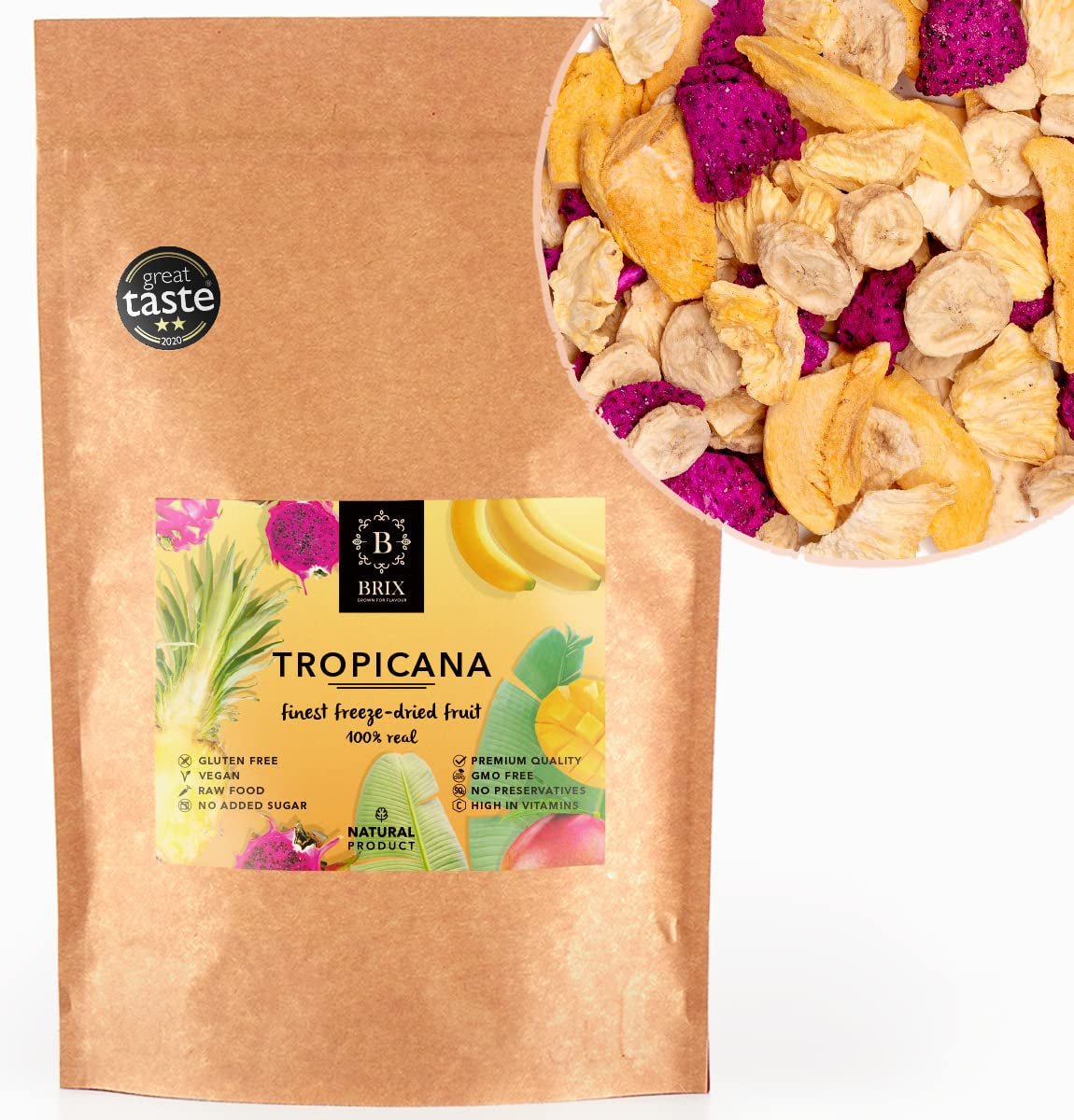Fruits lyophilisés BRIX | Mélange naturel et sec de fruits tropicaux 80 g | Grand Prix du Goût pour les Fruits Secs | Sans OGM, sans gluten, végétalien, les vitamines sont préservées Produits déshydratés Naty Shop Titre par défaut